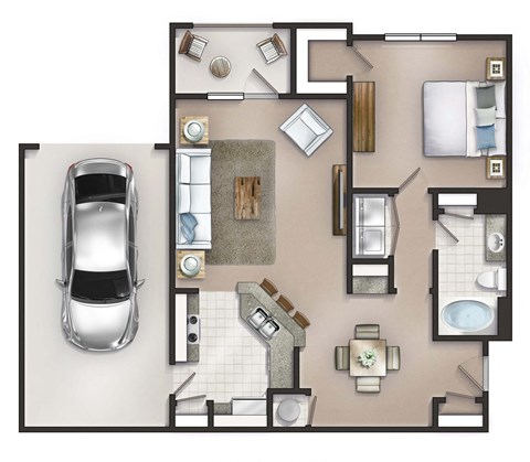 a floor plan of a house with a car in the garage
